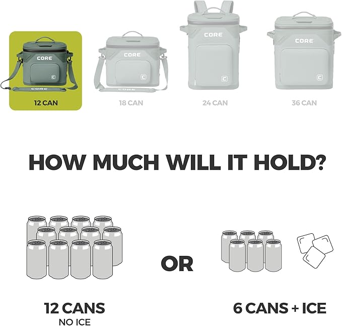 CORE Magnetic Leak Proof Soft Cooler with Waterproof Zipper | Insulated Bag Portable Ice Chest Box | Best Soft Cooler for Food & Beverages for Tailgating, Car Camping, Travel, and Family Beach Picnics