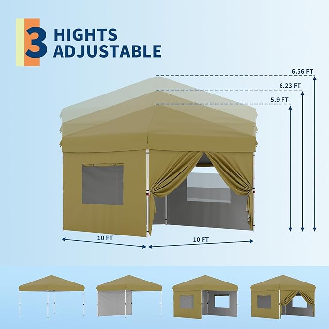 10x10 Pop Up Canopy Tent Outdoor Canopy with 4 Removable Sidewalls One-Person Set Up Heavy Duty Commercial Instant Tent Shelter-Khaki