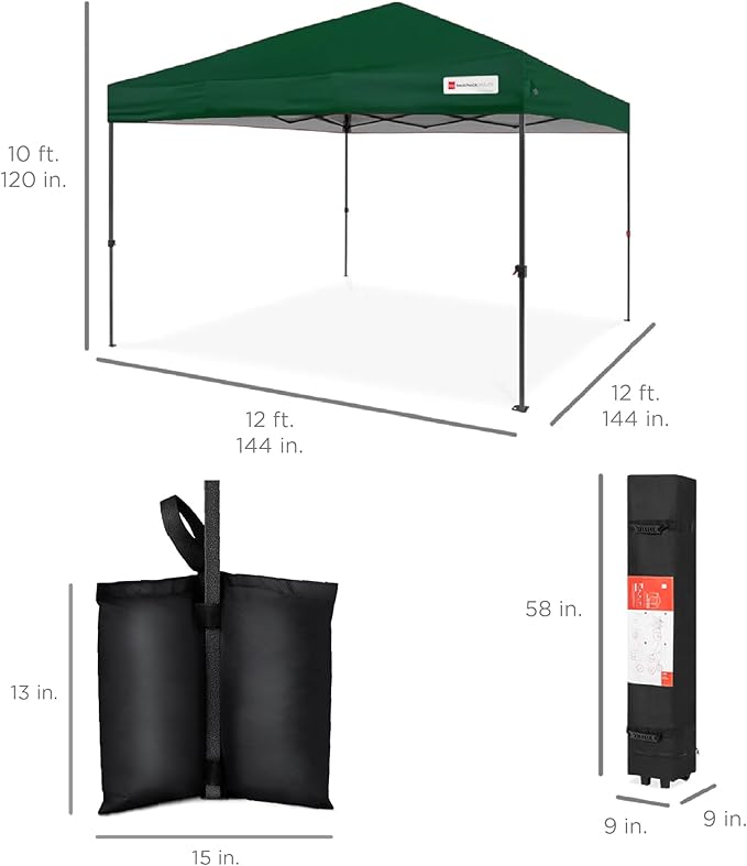 Best Choice Products 12x12ft Pop Up Canopy Tent, Outdoor Shade, 1 Person 1 Minute Set Up, Carry Case, 4 Weight Bags - Forest Green