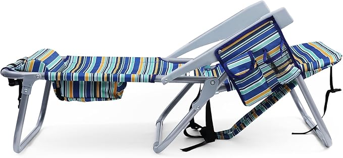 Backpack Beach Chair for Adults, Folding Beach Chair with 4 Positions, Heavy Duty Chair with Large Cooler Pouch Support to 350LBS (Stripes_Blue&Cyan&Yellow)