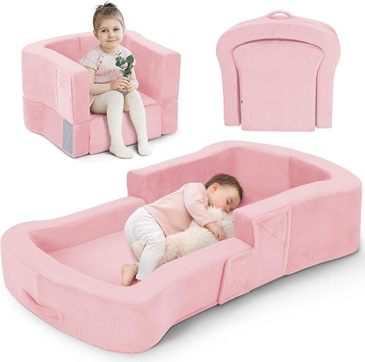 Toddler Travel Bed, 2-in-1 Foldable Portable Toddler Bed Sofa Chair, Soft Baby Kids Travel Floor Cot with Washable Covers Safety Foam Raised Bumper for Camping Hotel Sleeping (Pink)