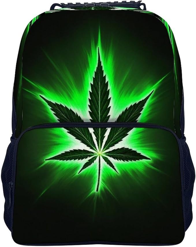 Men Women Lightweight Green Weedleaf Leaf Black Casual Daypack Large Capacity Bookbag With Adjustable Shoulder Straps for Gym Business Bicycle