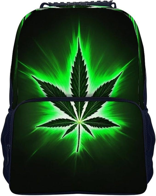 Men Women Lightweight Green Weedleaf Leaf Black Casual Daypack Large Capacity Bookbag With Adjustable Shoulder Straps for Gym Business Bicycle