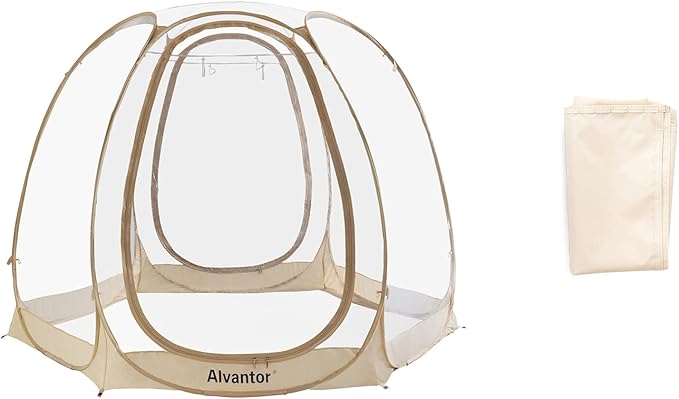 Alvantor Pop Up Bubble Tent - 10’ x 10’ Instant Igloo Tent - 4-6 Person Screen House for Patios - Large Oversize Weather Proof Pod - Cold Protection Camping Tent - Beige