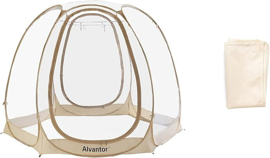 Alvantor Pop Up Bubble Tent - 10’ x 10’ Instant Igloo Tent - 4-6 Person Screen House for Patios - Large Oversize Weather Proof Pod - Cold Protection Camping Tent - Beige