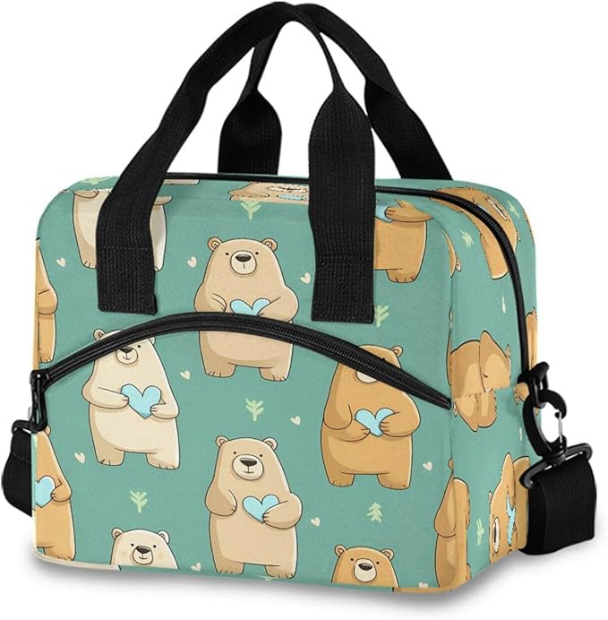 ALAZA Bear Heart Pattern Lunch Box for Men Women Adults Insulated Lunch Bag Cooler Bag with Adjustable Shoulder Strap for Work Picnic Travel