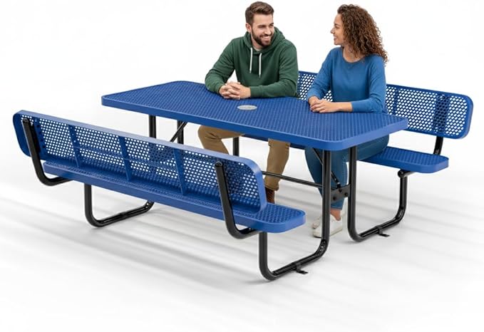 Metal Picnic Furniture for Outdoors with Umbrella Hole - Coated Steel Heavy Duty Commercial Grade Table with Adjustable Seats, Patio Set for a Lifetime (Blue, 6' Rectangular with Back)
