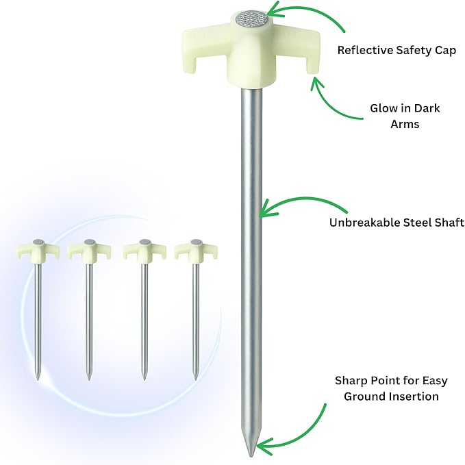10" Glow in The Dark Tent Stakes - Unbreakable Rebar Stakes, Metal Stakes Heavy Duty, Camping Spikes with High Impact, 5/16" Diameter Corrosive Resistant Ground Anchor, Made in USA Metal Tent Anchors