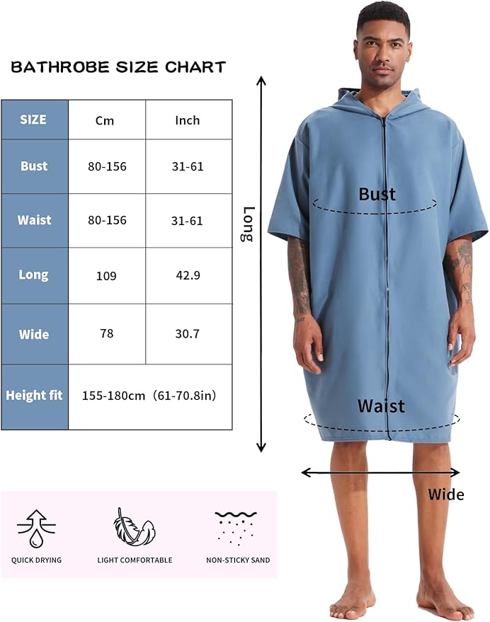 PISIQI Surf Poncho Changing Robe with Hood Absorbent Quick Dry Microfiber Wetsuit Zipper Towel for Beach Surfing Men Women
