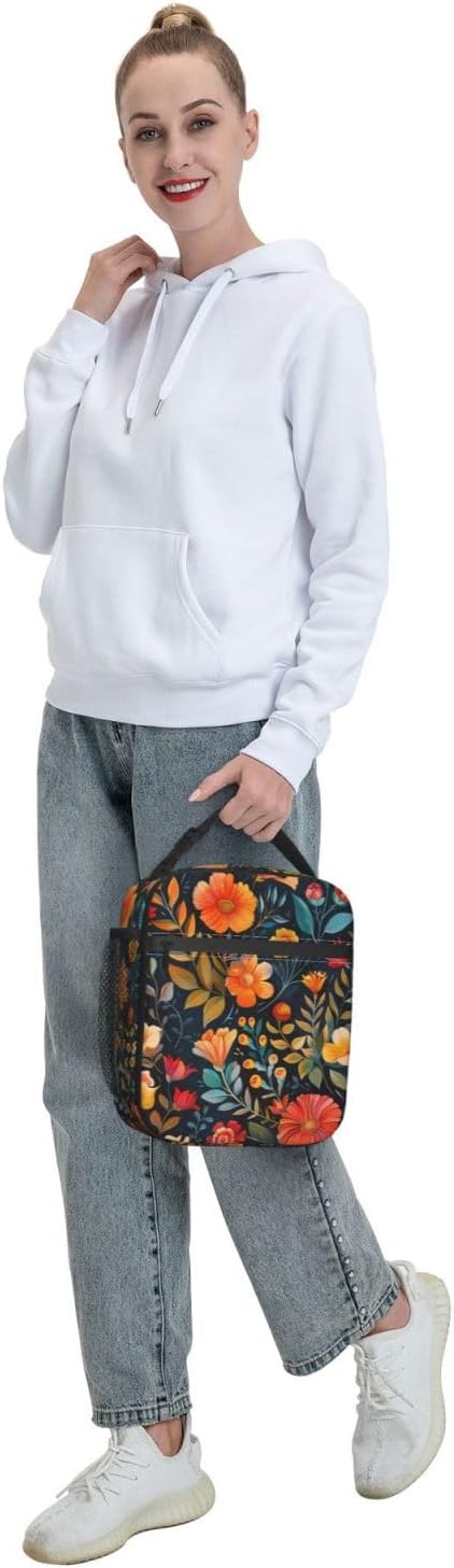 Vintage Floral Insulated Lunch Box for Women Men Retro Colorful Flower Design Lunch Bag for Work,Picnic,Travel,Hiking,Beach or Fishing Polyester Nature Lovers Lunch Box