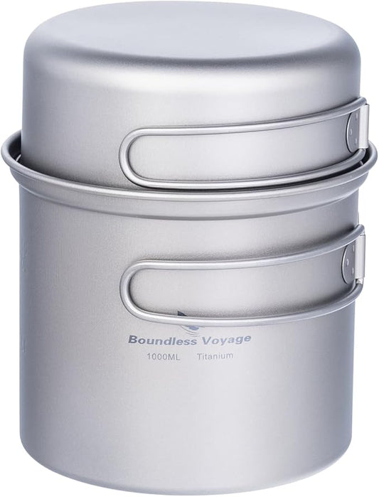 iBasingo Backpacking Cookset Titanium Camping Pots Set Ultralight Outdoor Picnic Pots Pans with Folding Handle Druable Portable Cooking Mess Kit Compact Picnic Dishes Bowls Cups (Multiple Sizes)