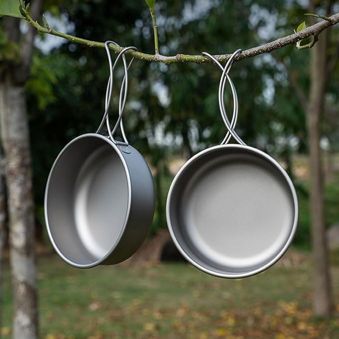 BY-J 2 Piece-Set, Outdoor Titanium Frying Pan with Folding Handle Camping Hanging Cookware Hiking Picnic Ultralight Tableware