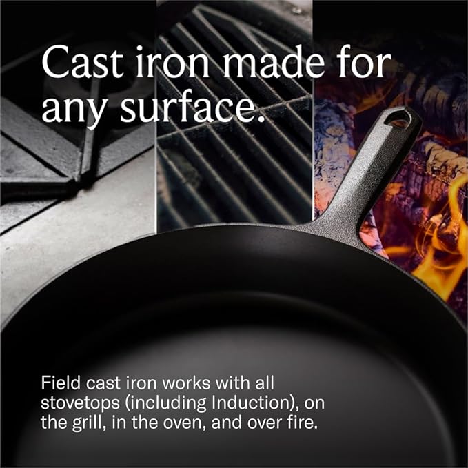 Field Cast Iron Starter Set -10.25 Inch Cast Iron Skillet with Cleaning Kit: Natural Fiber Brush, Chain Mail Scrubber & Organic Seasoning Oil – Lightweight, Preseasoned, Made in USA, Vintage Design