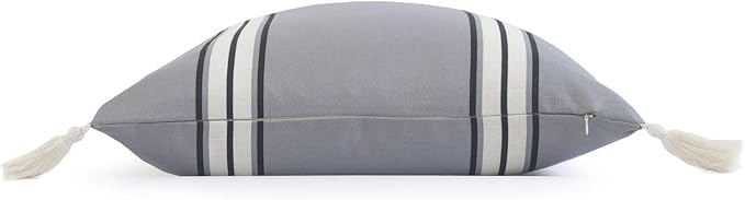 Hofdeco Neutral Decorative Throw Pillow Cover ONLY, for Couch, Sofa, or Bed, Dark Gray Striped Tassel, 20"x20"