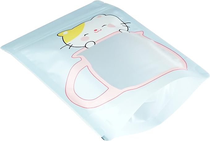 QQ Studio 100 Animal Designed Snack Bags, Plastic Bakery Bags, Cute Favor Bags for Snacks, Pastel Cookie Bags with Window, Zipper Seal Treat Storage Bags (6.25 Inch x 9 Inch, Blue Kitty)