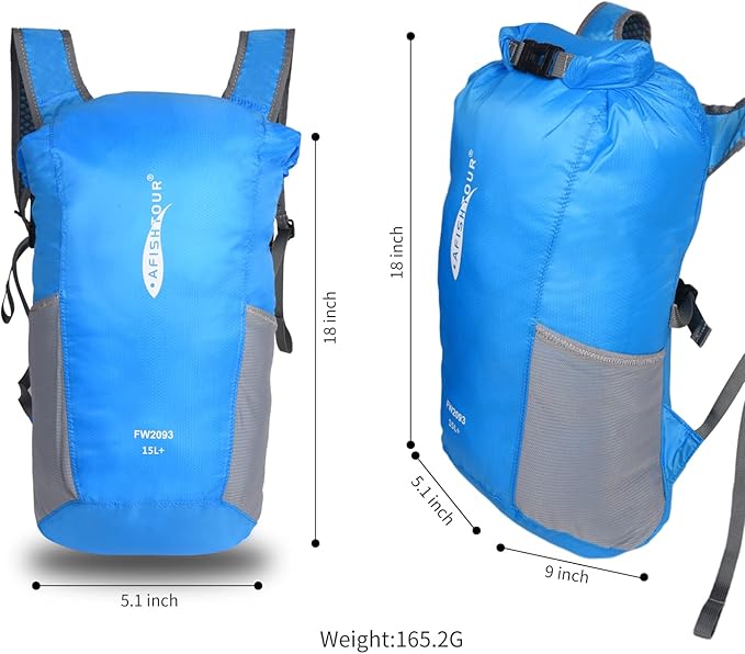 Ultralight Water Resistant Backpack for Men & Women, 15L Packable Hiking Daypack, Roll Top Closure Small Dry Bag Backpack for Cycling,Camping,Skiing, Boating (Blue)