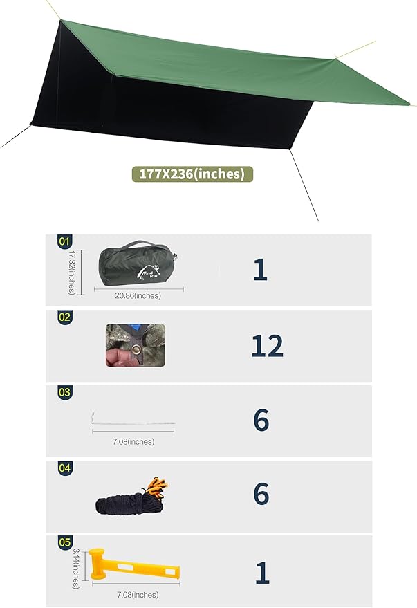 Wind Tour Portable Multifunctional Tent Footprint Traveling Awning Backpacking Tarp Rain Fly Waterproof Shelter Outdoor Camping Sun Shelter for Hiking, Beach (Green-177236 in)