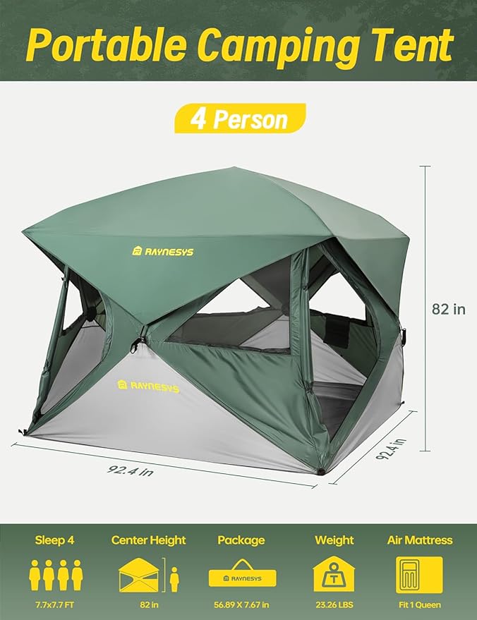 Camping Tent, 4 Person Tent for Camping, Setup in 60 Seconds, 4 Person Pop up Tents, Hub Tents, Water-Resistant, Windproof, Instant Cabin Tents with Rainfly & Carry Bag for Outdoor Camping