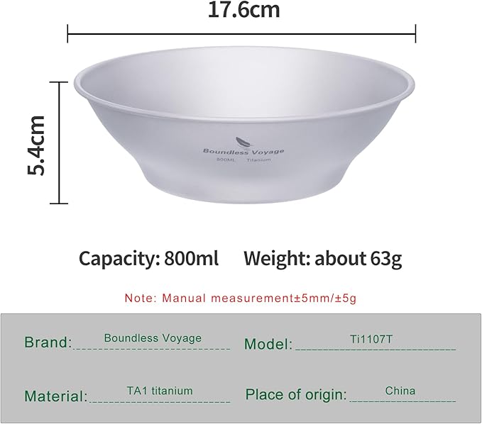 iBasingo 800ml Titanium Bowl Single-Walled Rice Salad Bowl Gym Fitness Bowl Ultralight Tableware Outdoor Camping Dinnerware Potable Stackable Kitchen Utensils with Carry Bag Ti1107T