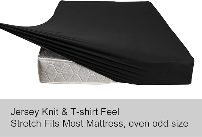 Soft Stretch Twin Fitted Sheet Only - Jersey Knit & 4-Way Stretchy Snug Fit, Stay in Place and No More Slipping, Wrinkle Free Mattress Sheets, Cozy T-Shirt Comfortable - Black, Twin