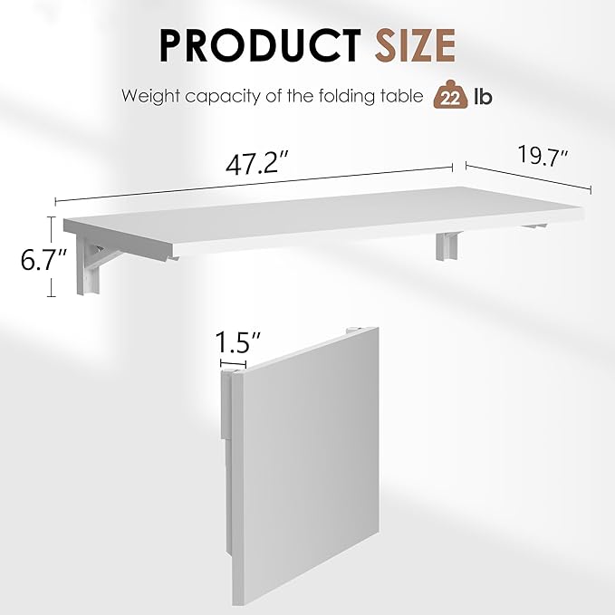 Need Fold Wall Mounted Table Folding Workbench Length 47.2" Width 20" Perfect Addition to Garage & Shed/Home Office/Laundry Room/Home Bar/Kitchen & Dining Room White AC15-12050WW-ND