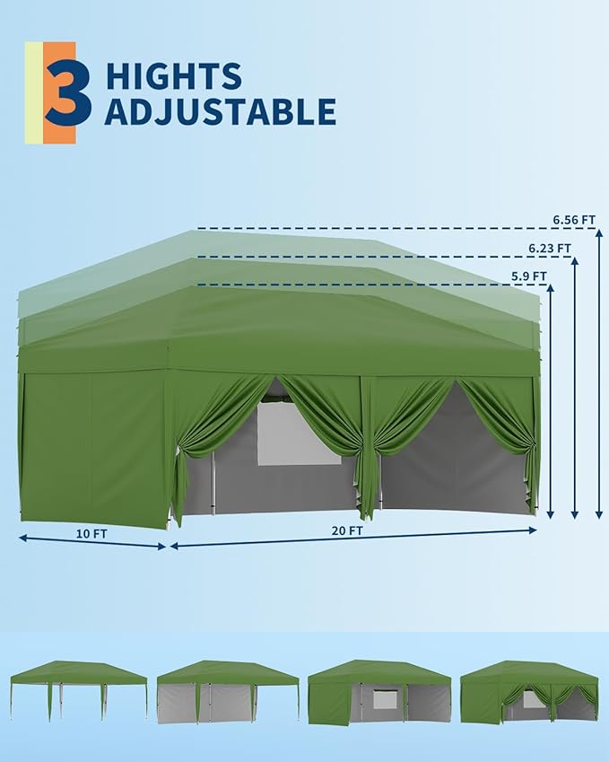 10x20 Pop Up Canopy Tent Outdoor Canopy with 6 Removable Sidewalls One-Person Set Up Heavy Duty Commercial Instant Tent Shelter-Green