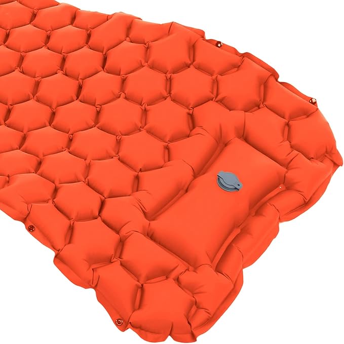 Inflatable Camping Sleeping Pad Mat, Ultra Lightweight Air Cushion Mattress for Tent Hiking Travel, 2 Way Valve Design with 40D Nylon Fabric and TPU Laminate, Compact Foldable (Orange)