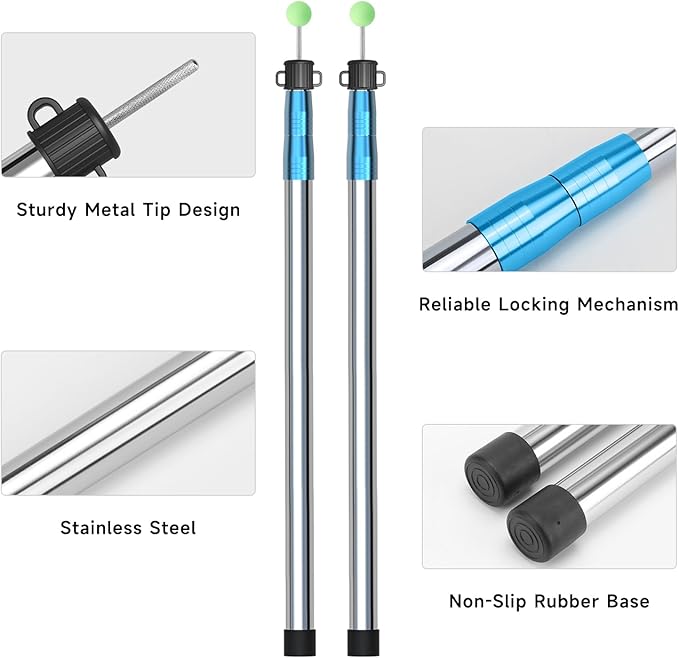 KOMCLUB Telescoping Tent Tarp Pole Adjustable Tarp Poles 3 Section Heavy Duty Canopy Poles Stainless Steel Portable Camping Poles 33"-86.61" for Hiking Car Canopy Awning 2Pcs Set (Blue)