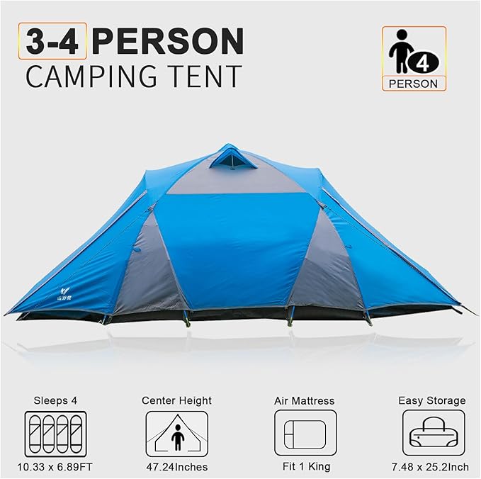 Camping Tent 3-4 Person, Waterproof Family Dome Tent with Removable Rainfly, Dual Two-Way Entry Doors & Mesh Windows, Portable Outdoor Tents for Camping