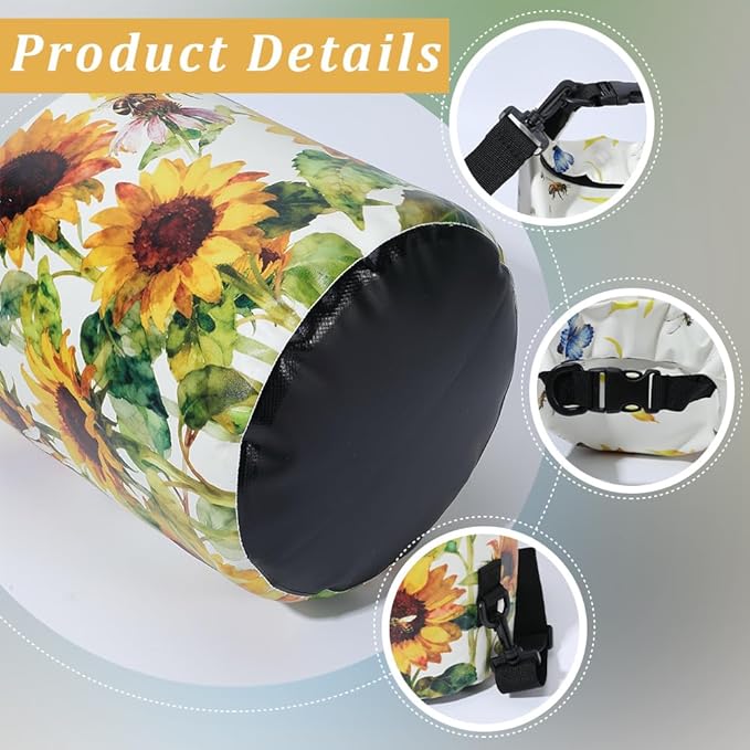 Floating Waterproof Dry Bag Backpack 5L Lightweight Sunflower Butterfly Pattern PVC Roll Top Dry Sack for Kayaking Boating Camping Fishing Swimming Beach Rafting Hiking Outdoor Activities