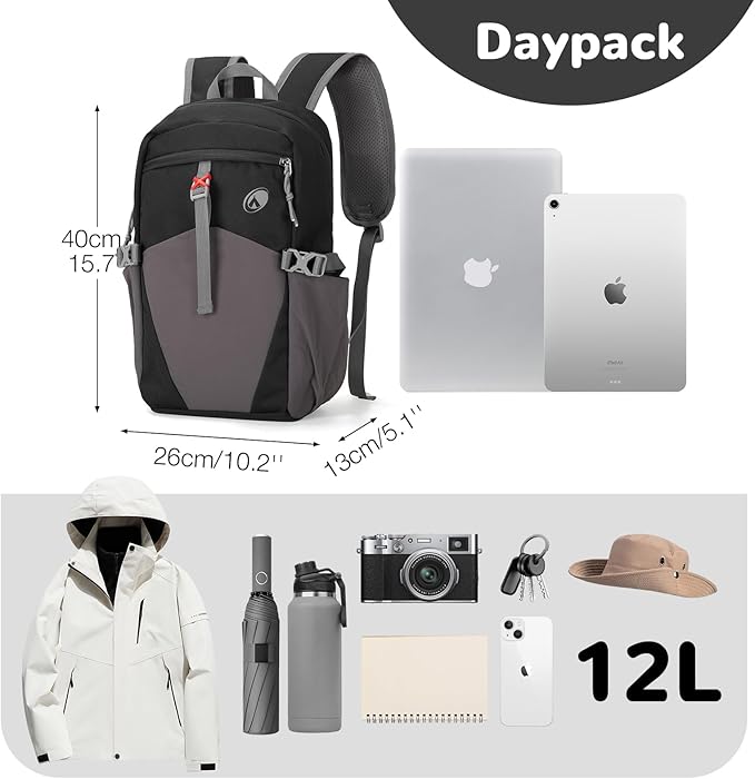 12L Hiking Backpack with Padded Straps for Kids, Waterproof Small Hiking Backpack with Chest Strap for Men, Mini Lightweight Kid Travel Backpacks Day Pack with Phone Pocket, Black