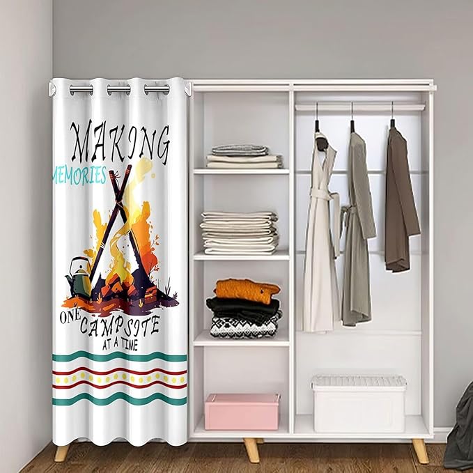 Camper Adventure Door Curtain,Geometric Polka Dot Stripe RV Trailer Blackout Curtain,Bonfire Campfire Rustic Farmhouse Bedroom Doorway Living Room Decor,White Privacy Door Drape 1 Panel,42" W X 80" L