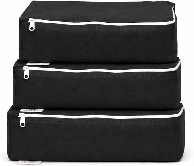Packing Cubes Bag Pure Canvas Travel Organizers (18"x12"x4") with Durable YKK Zippers for Clothes, Shoes & Luggage Storage (Set of 3 LARGE, Black)