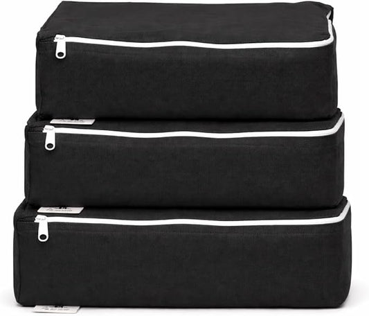 Packing Cubes Bag Pure Canvas Travel Organizers (18"x12"x4") with Durable YKK Zippers for Clothes, Shoes & Luggage Storage (Set of 3 LARGE, Black)