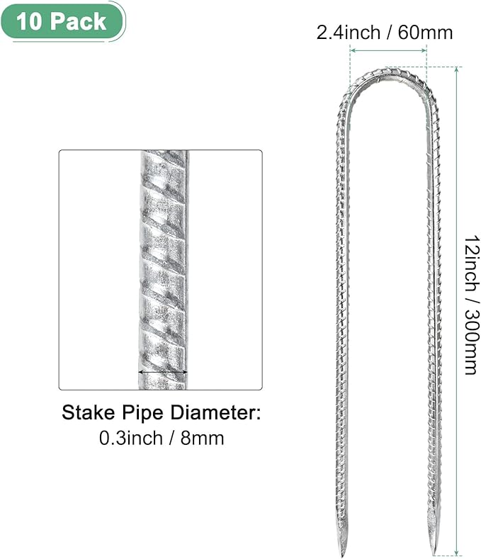 10-Pack High Duty Ground Stakes, 12 Inch U-Shape Hook Rebar Stakes Steel Metal Camping Tent Anchor for Yard Landscape/Swing Sets/Fence/Garden