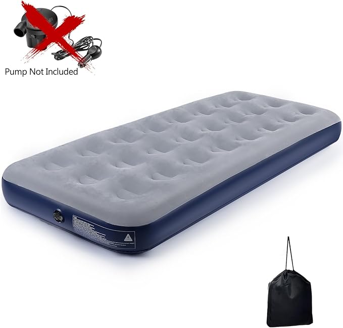 Camping Air Mattress Inflatable Air Bed Flocked Surface Travel Bed Sleeping Pad Air Bed for Outdoor Camping Tent Guest Travelling（Navy Blue ）