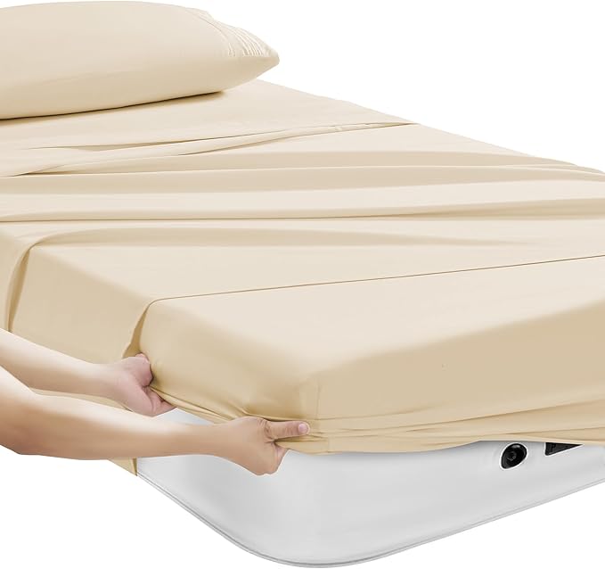 Camping Sheets Twin Size - Outdoor Air Mattress Sheet Set – Built-in Corner Straps for Air Mattress & Camping Use – Designed for Inflatable Beds & Tailgate Sleepovers, Beige