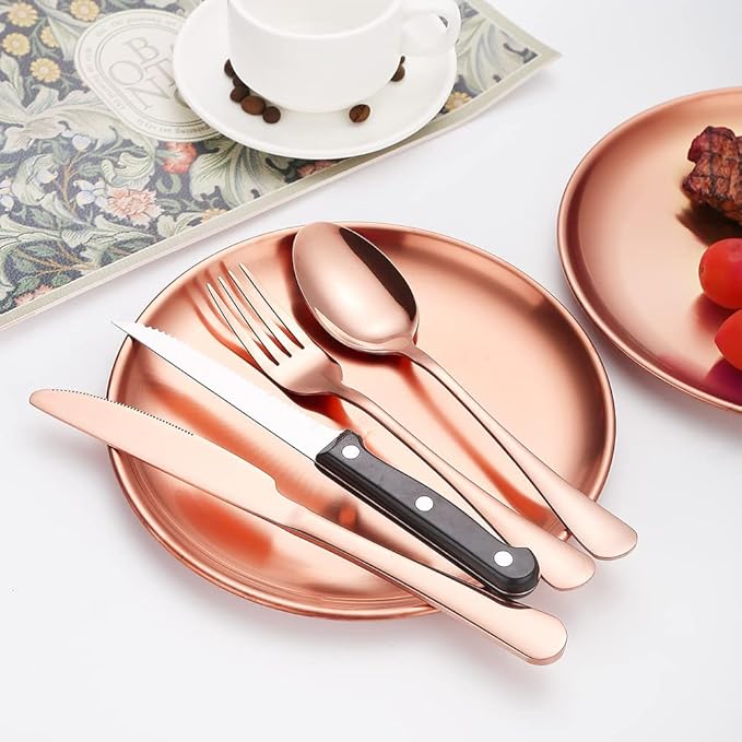 Picnic Tableware Set Camping Flatware Copper/Rose Gold Silverware and Plates Kit for 4 Portable Utensils Stainless Steel Dishes Spoons Forks Knives Bottle Opener Food Tongs