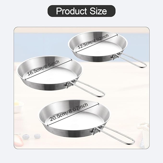 Stainless Steel Camping Fry Pan Cookware Foldable Handle Easy to Clean Multipurpose Outdoor Cooking Griddle Non Stick Skillet, 16cm