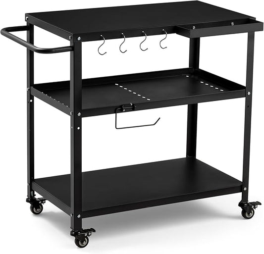 Outdoor Grill Cart Table,Indoor and Outdoor Pizza Oven Table,with 4 Movable Total Lock Casters, Hooks, Side Handle Multifunctional (Black)