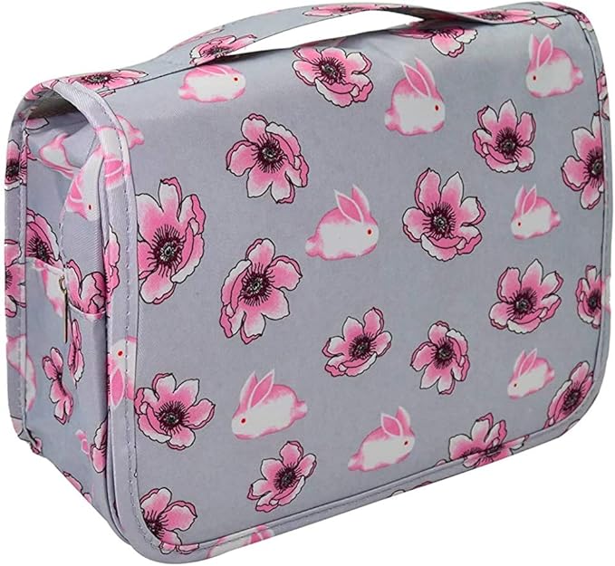 Trawila Travel Hanging Toiletry Bag Cosmetic Bag Makeup Organizers for Men & Women with Sturdy Hook (Grey flower)