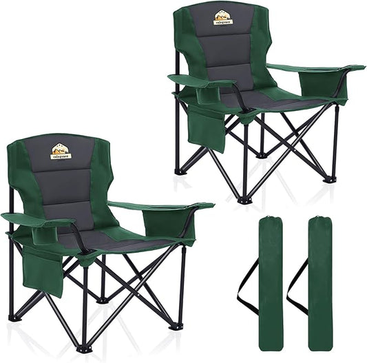 Oversized Camping Chairs 2 Pack - 450lbs Support Heavy Duty Folding Camp Chair Wide Portable Outside Collapsible Chairs with Carry Bag,Cooler,Cup Holder for Outdoor,Lawn,Sports,Baseball,Soccer-Green