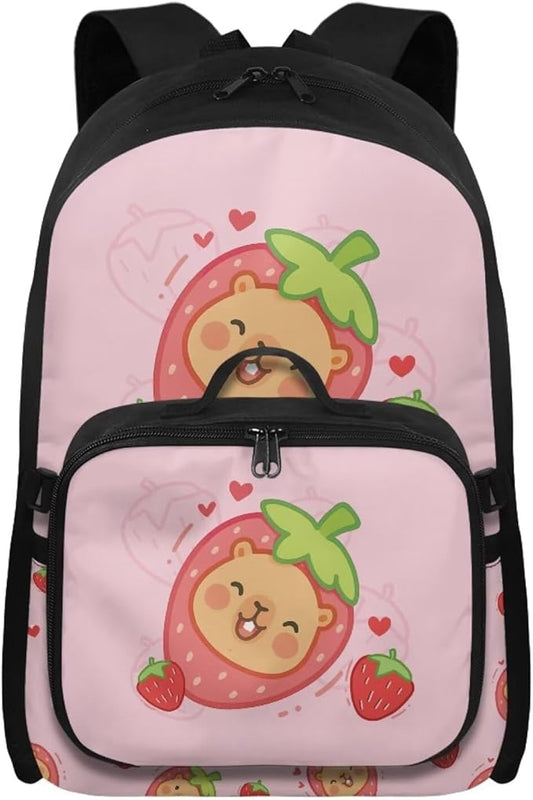 HUGS IDEA Strawberry Capybara Backpack for School Girls Cute Bookbag with Insulated Lunch Bag for Elementary Girls Kids Travel Backpack Set Large 17 Inch Schoolbag for Students Study Daypack