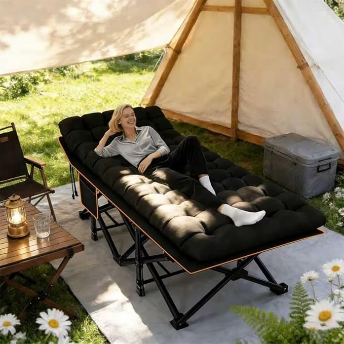Comfortable and Soft Folding Bed, Portable Camping cot with Side Pockets and Mattress, Extra-Thick Oversized Folding Bed, Weight Capacity of 500/600/700 lbs (Black 600lbs)