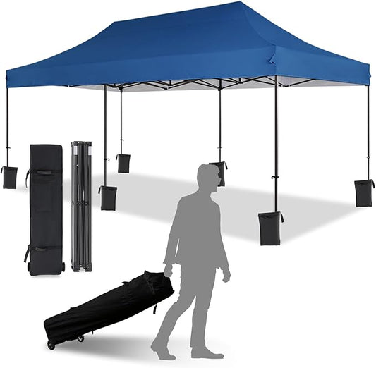 10x20 Canopy Tent with Roller Bag, Commercial Pop Up Canopy Tent, Adjustable Height with Pull Ring, Outdoor Canopy for Beach, Parties, UPF50+, 6 Stakes & 6 Sandbags & 6 Ropes, Blue