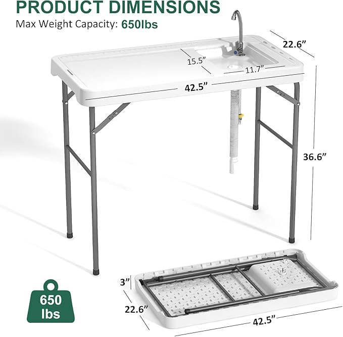 Fish Cleaning Table with Sink, 42.5" Folding Camping Table & Fish Cleaning Station with Measure Mark, Camping Sink with Hose Hookup for Outdoor Picnic, Beach, Dock & Patio Use