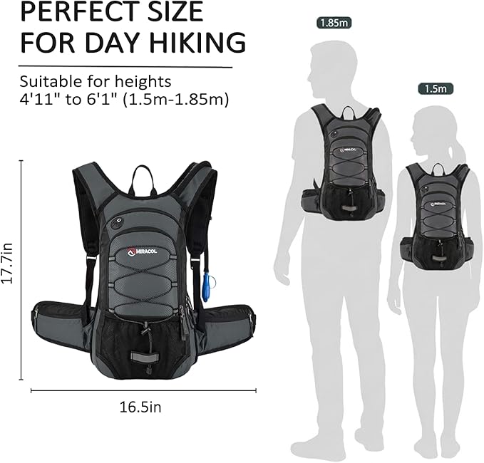 Miracol Hiking Hydration Backpack with Bladder: 2L Water Reservoir for 8H Hydration - Insulated Keep Water Cold 4 Hours - 15L Capacity & Adjustable Straps Comfortable for Day Hiking (Grey)