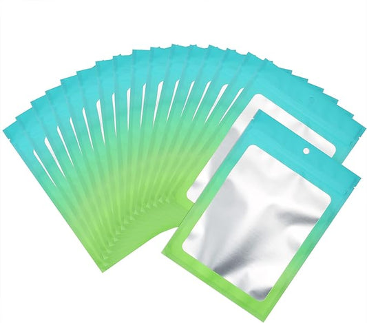 100 Pcs Resealable Mylar Bags, Gradient Color Food Storage Bags, Zip Bag Foil Bags Packaging Pouch for Food Storage, Sample, Small Business (Blue Green, 2.7 X 3.9 Inch)