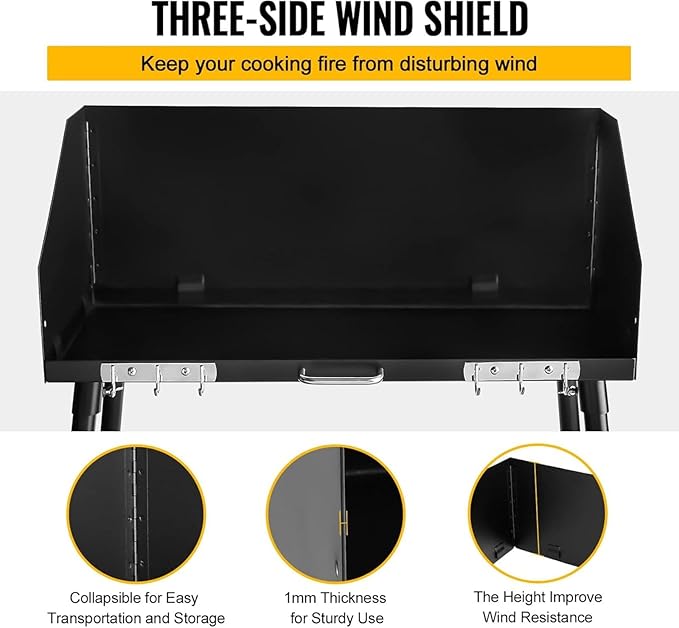 Carbon Steel Dutch Oven Camp Cooking Table with Three-Sided Windscreen and Four Legs for Grill Travel, Outdoor Picnic, Beach, BBQ, Backyards,38x16