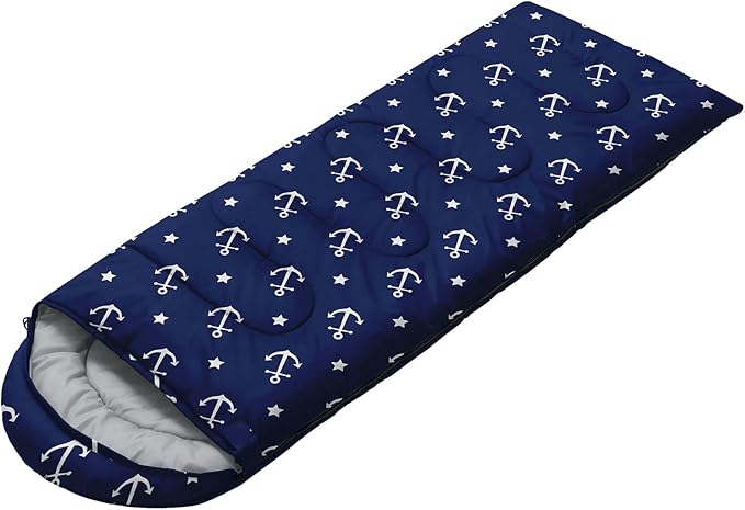 AILONEN Boys Sleeping Bag for Camping,Nautical Anchor,Lightweight & Waterproof,3 Season Warm & Cool Weather,Navy Blue Sleeping Bags for Kids Men Travelling,Outdoors